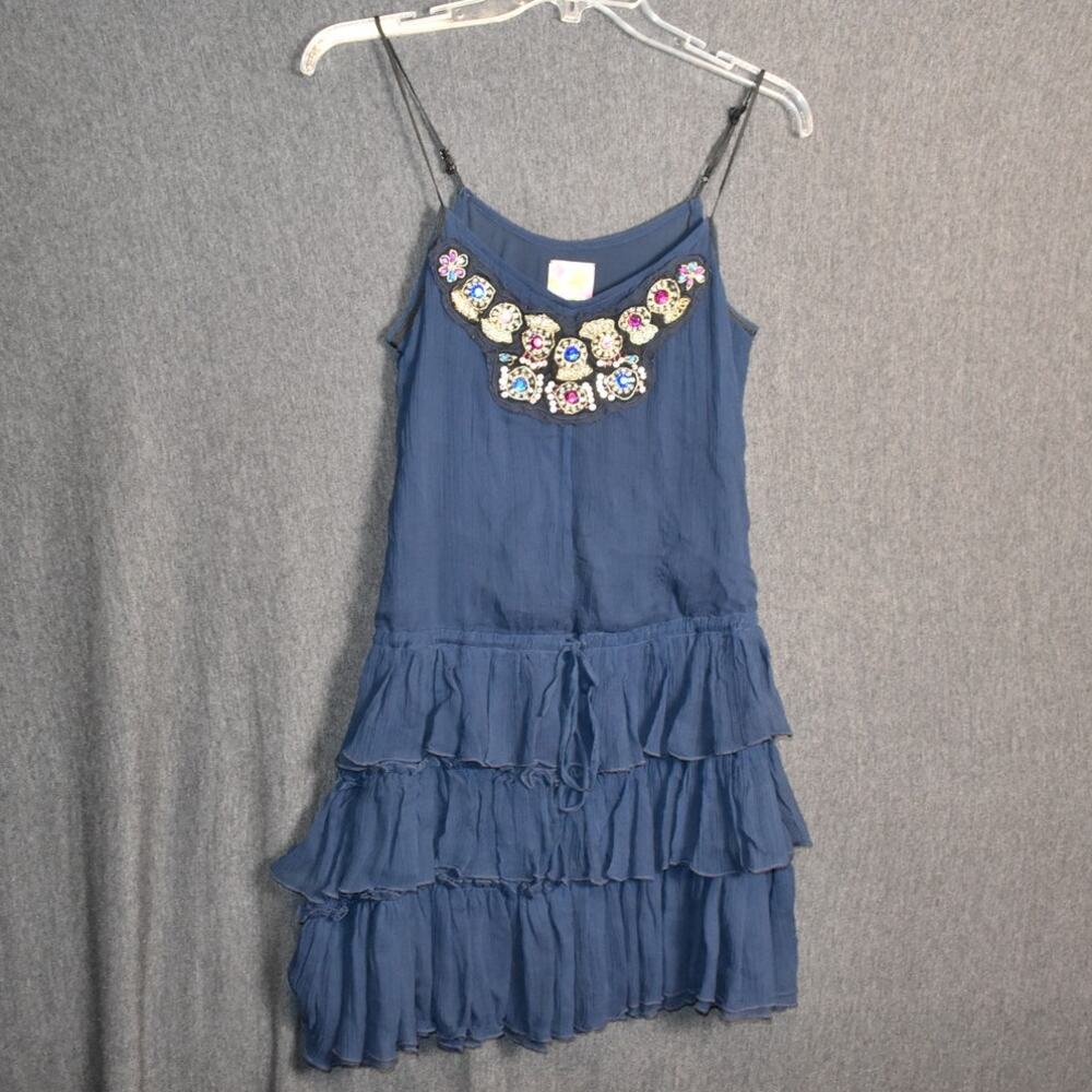 Free People Women's XS 100% Silk Tiered Slip Dress Embellished Blue